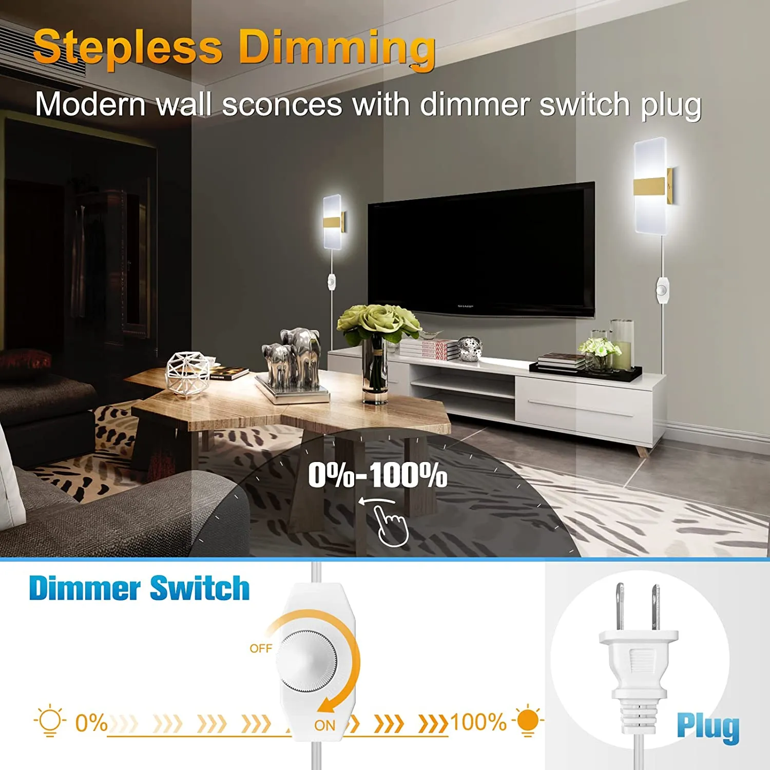 Plug in Modern Wall Sconces Set of 2, Gold Wall Lights Dimmable