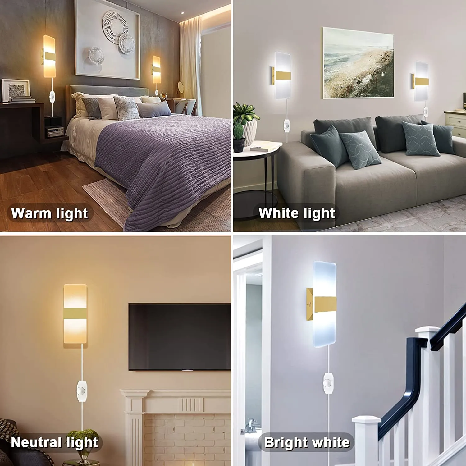 Plug in Modern Wall Sconces Set of 2, Gold Wall Lights Dimmable