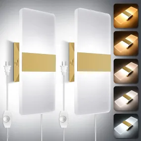 Plug in Modern Wall Sconces Set of 2, Gold Wall Lights Dimmable