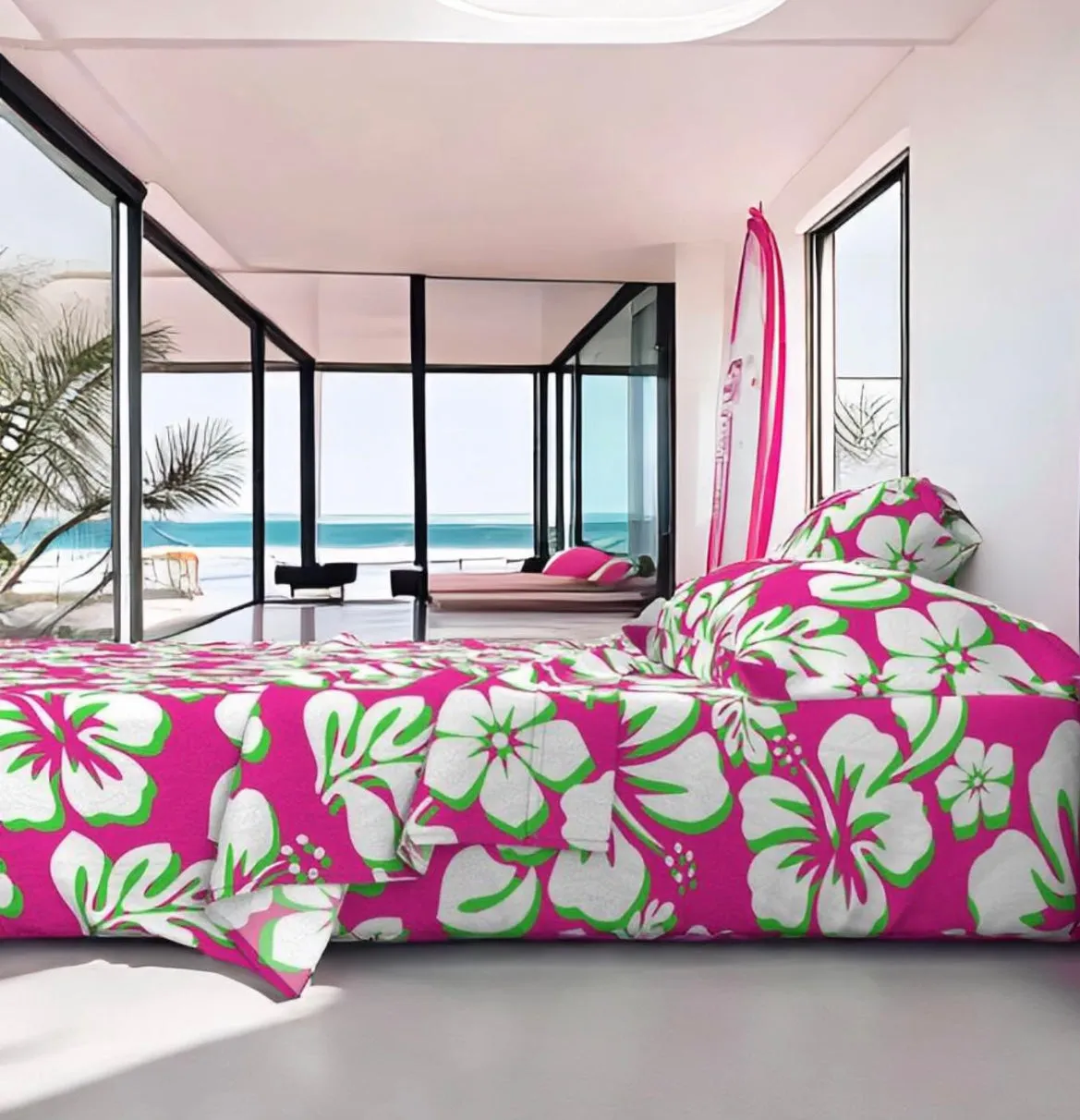 Preppy Surfer Girl Pink, Lime Green and White Hawaiian and Hibiscus Flowers Sheet Set from Surfer Bedding™️ Medium Scale