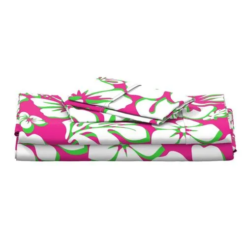 Preppy Surfer Girl Pink, Lime Green and White Hawaiian and Hibiscus Flowers Sheet Set from Surfer Bedding™️ Medium Scale