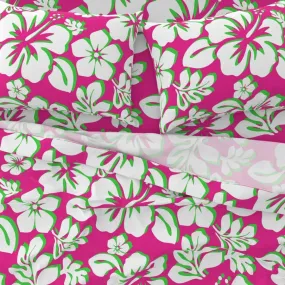 Preppy Surfer Girl Pink, Lime Green and White Hawaiian and Hibiscus Flowers Sheet Set from Surfer Bedding™️ Medium Scale