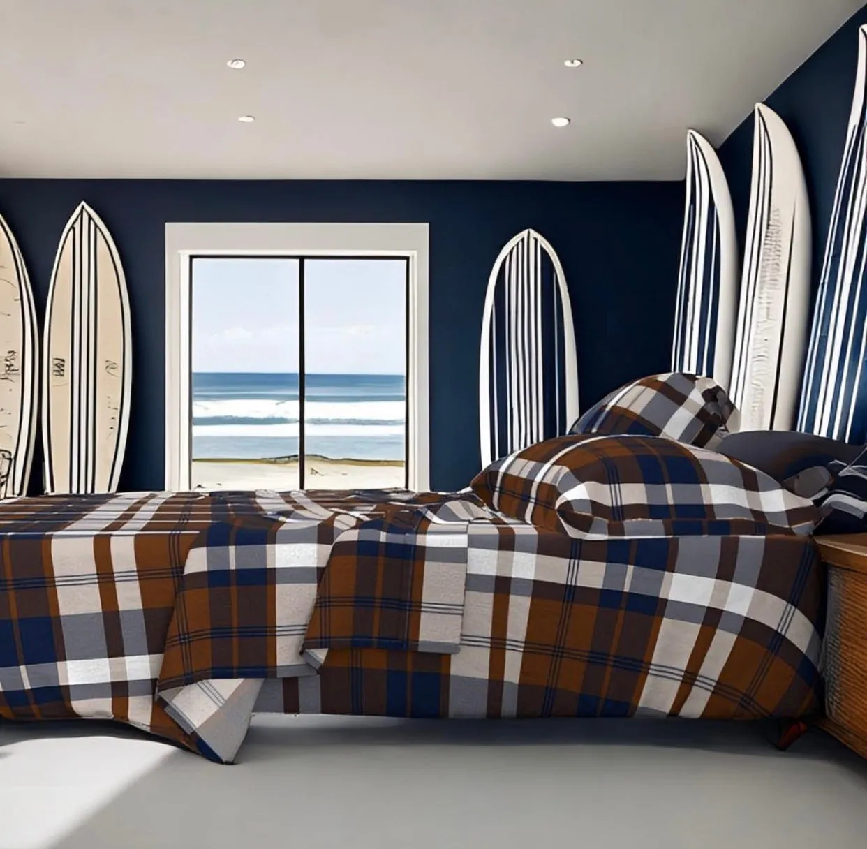 Preppy Surfer Navy Blue and Brown Plaid Sheet Set