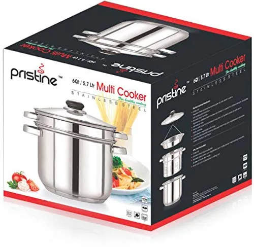 Pristine Stainless Steel Multi Purpose Steamer Set with Glass Lid/Steamer/Modak/Momo Maker with Glass Lid 5qt / 4.7Ltrs, 2 Inner PCS (4 Piece, Silver)