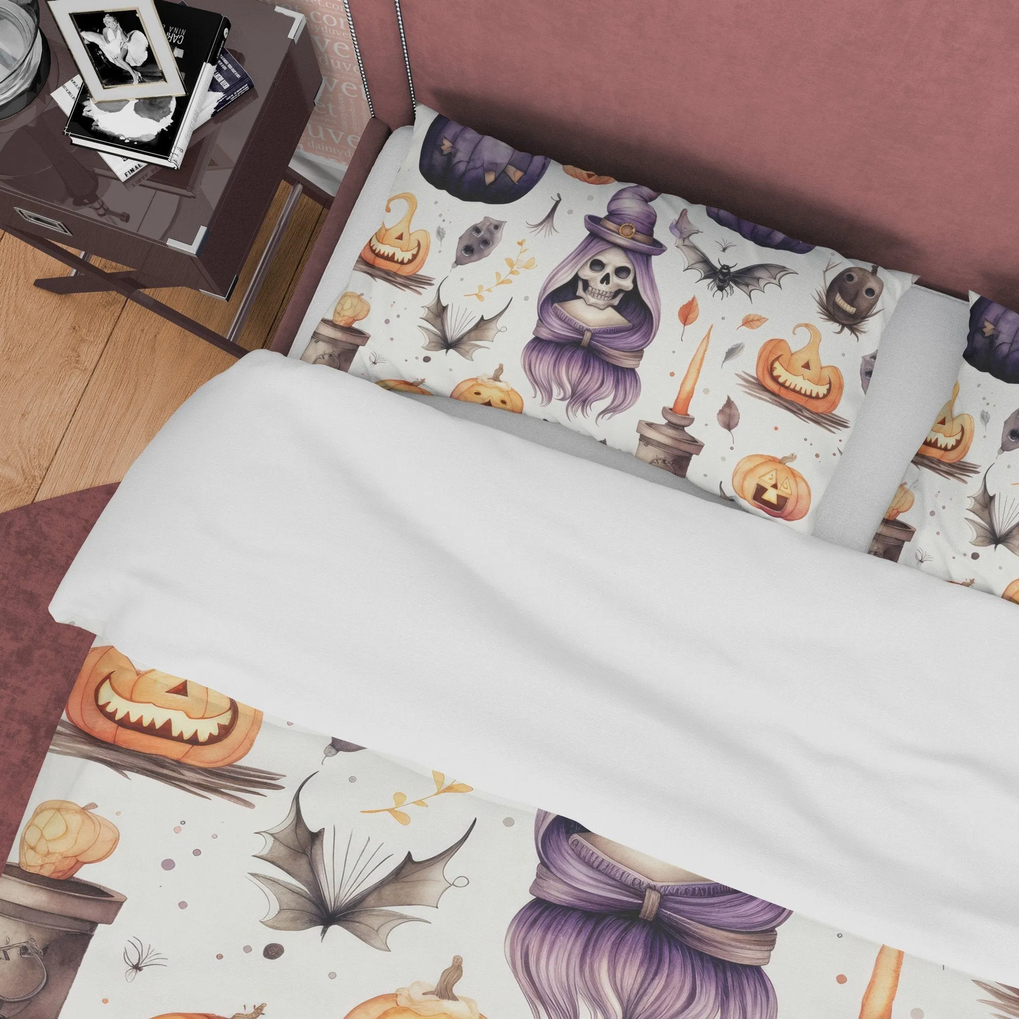 Pumpkin Duvet Cover Set Retro Aesthetic Bedding, Halloween Room Decor, Spooky Bedspread, Autumn Quilt Cover, White Zipper Bed Cover