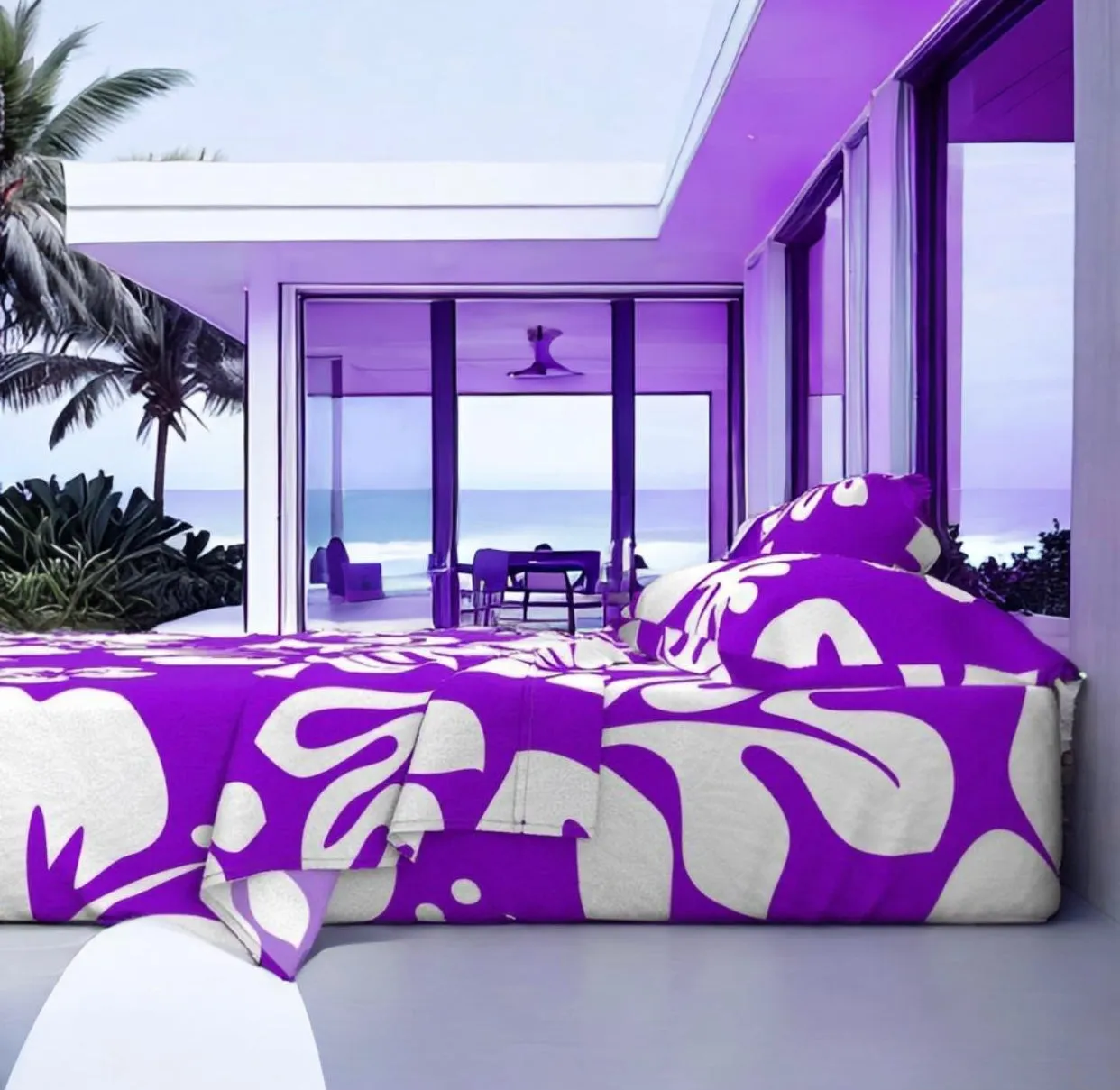 Purple and White Hawaiian Flowers Sheet Set from Surfer Bedding™️ Large Scale