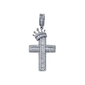 Rhodium Plated 925 Sterling Silver CZ  Crown Cross Hip Hop Pendant - SLP00269RH