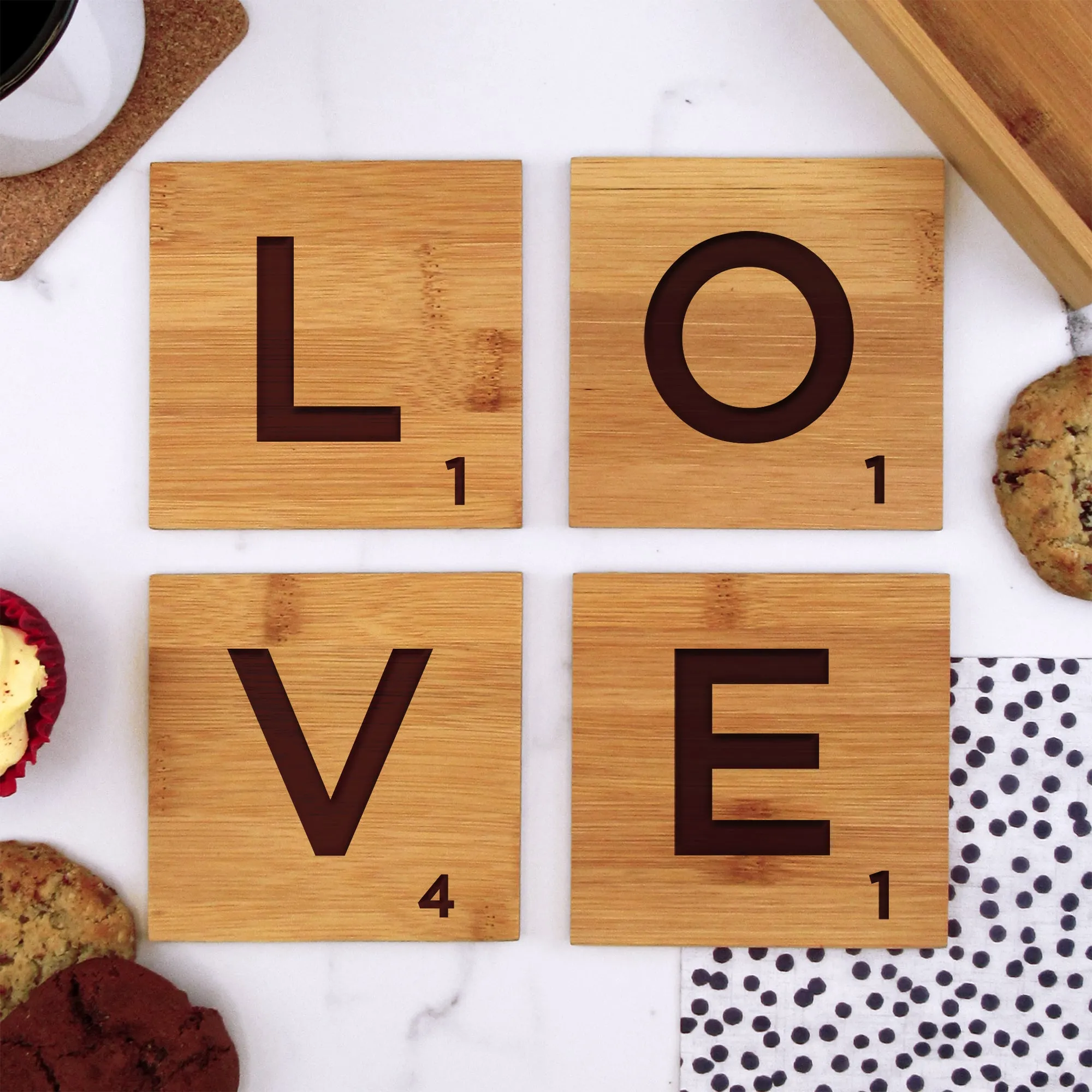 Set of 4 'LOVE' Bamboo Scrabble Letter Tile Alphabet Drinks Coasters