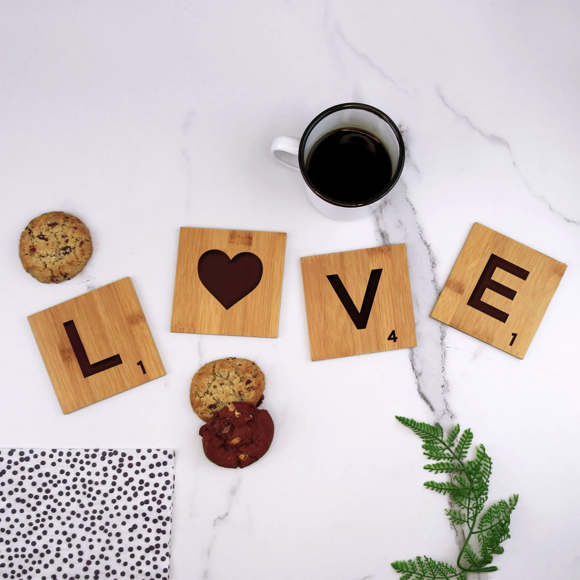 Set of 4 'LOVE' Bamboo Scrabble Letter Tile Alphabet Drinks Coasters