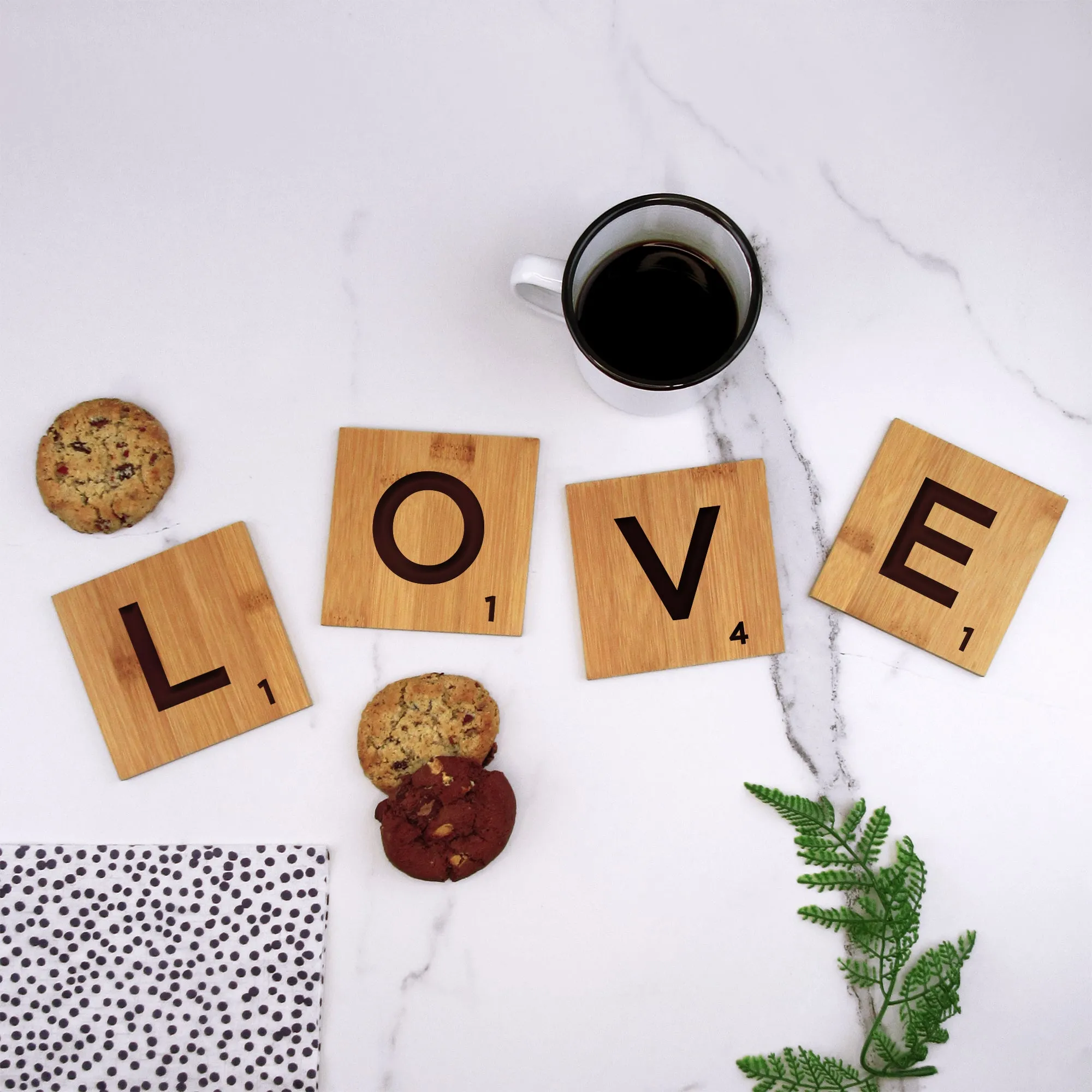 Set of 4 'LOVE' Bamboo Scrabble Letter Tile Alphabet Drinks Coasters