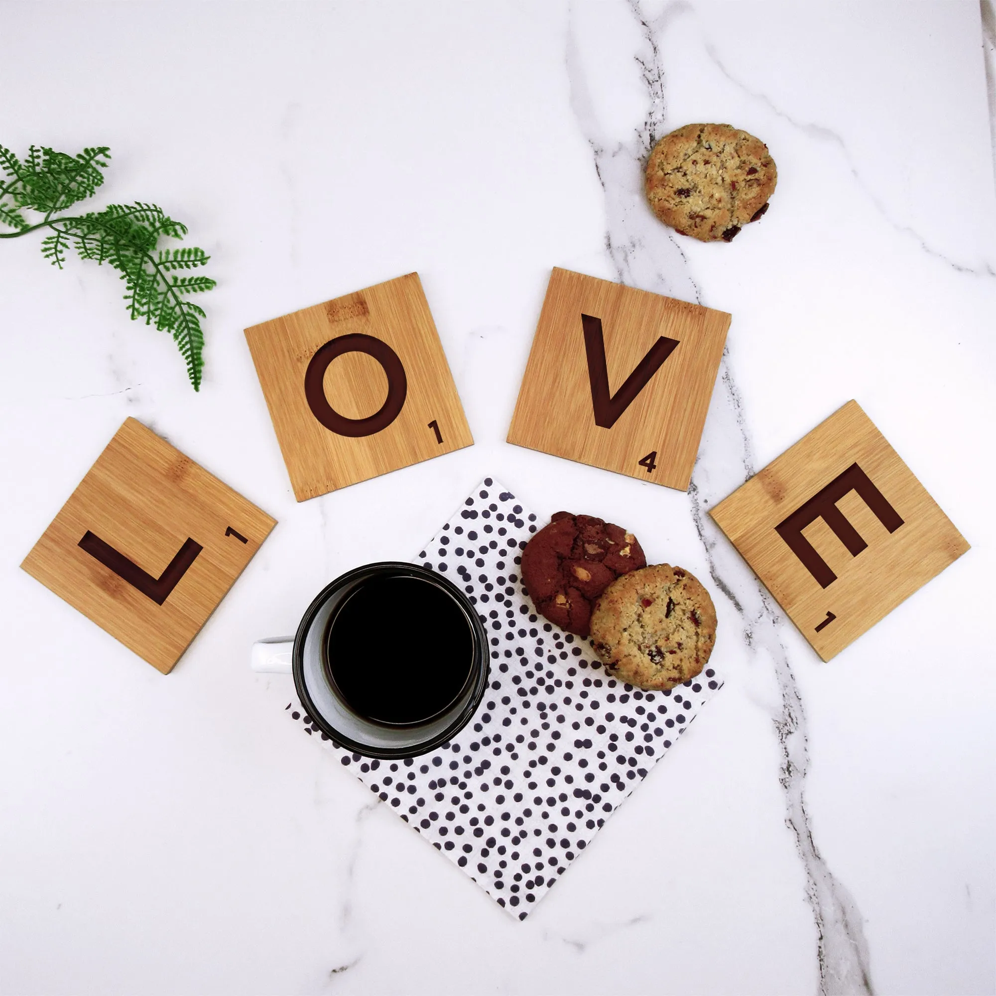 Set of 4 'LOVE' Bamboo Scrabble Letter Tile Alphabet Drinks Coasters