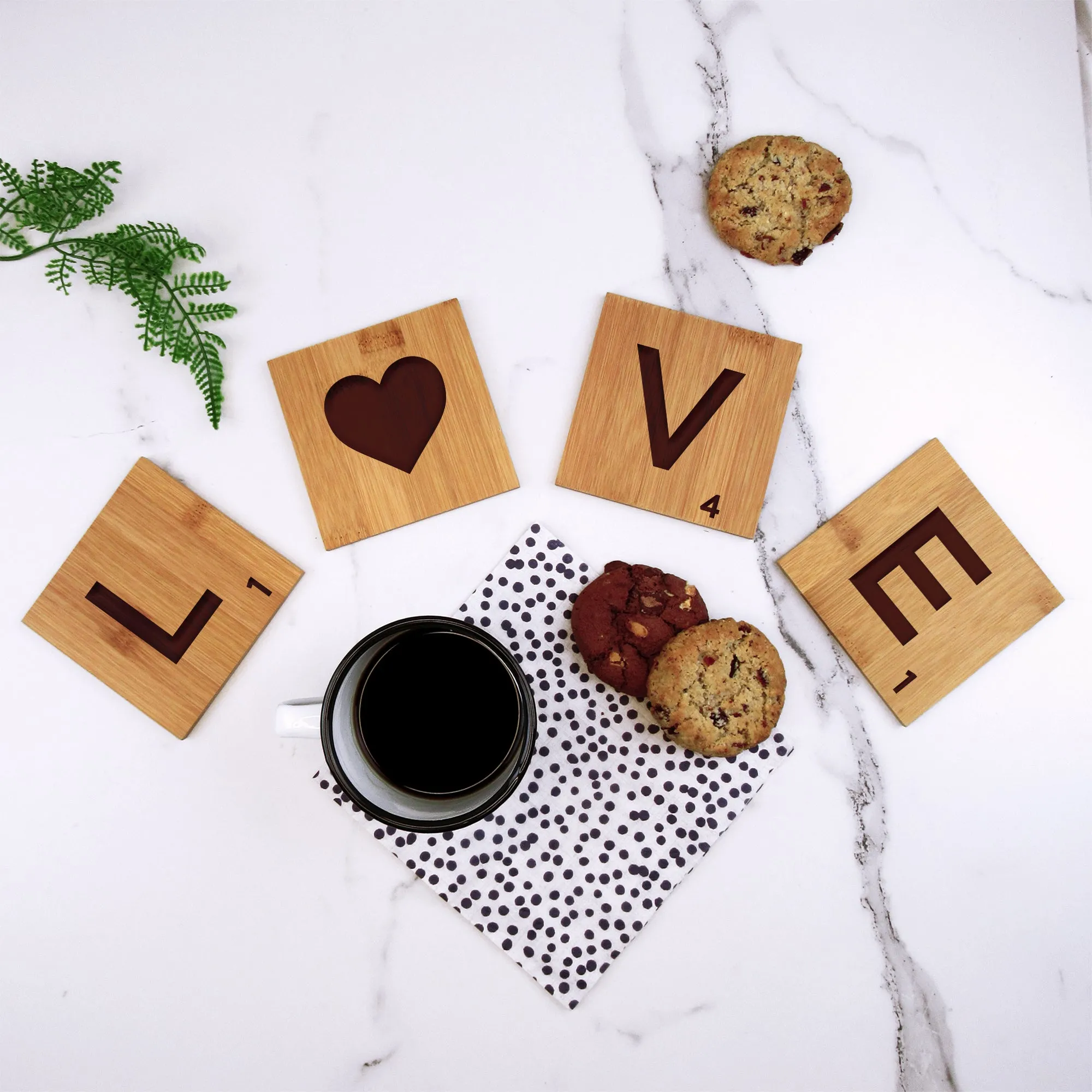 Set of 4 'LOVE' Bamboo Scrabble Letter Tile Alphabet Drinks Coasters