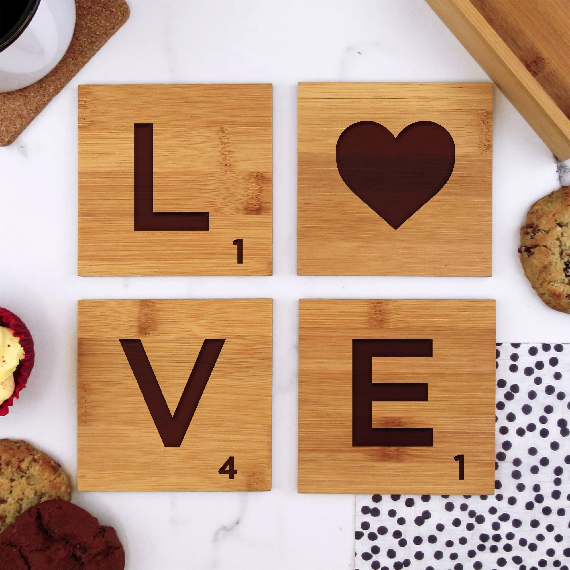 Set of 4 'LOVE' Bamboo Scrabble Letter Tile Alphabet Drinks Coasters