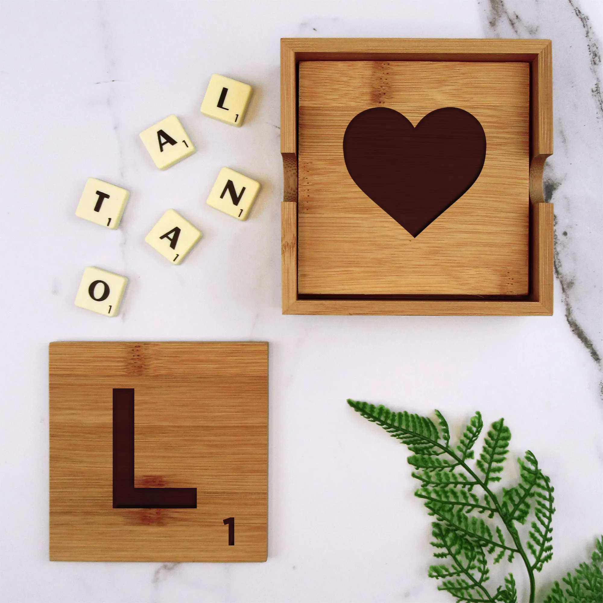 Set of 4 'LOVE' Bamboo Scrabble Letter Tile Alphabet Drinks Coasters