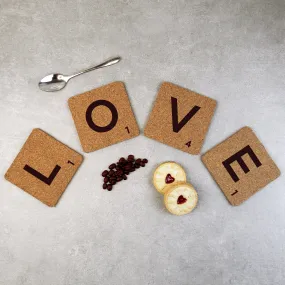 Set of 4 'LOVE' Cork Scrabble Letter Tile Alphabet Drinks Coasters