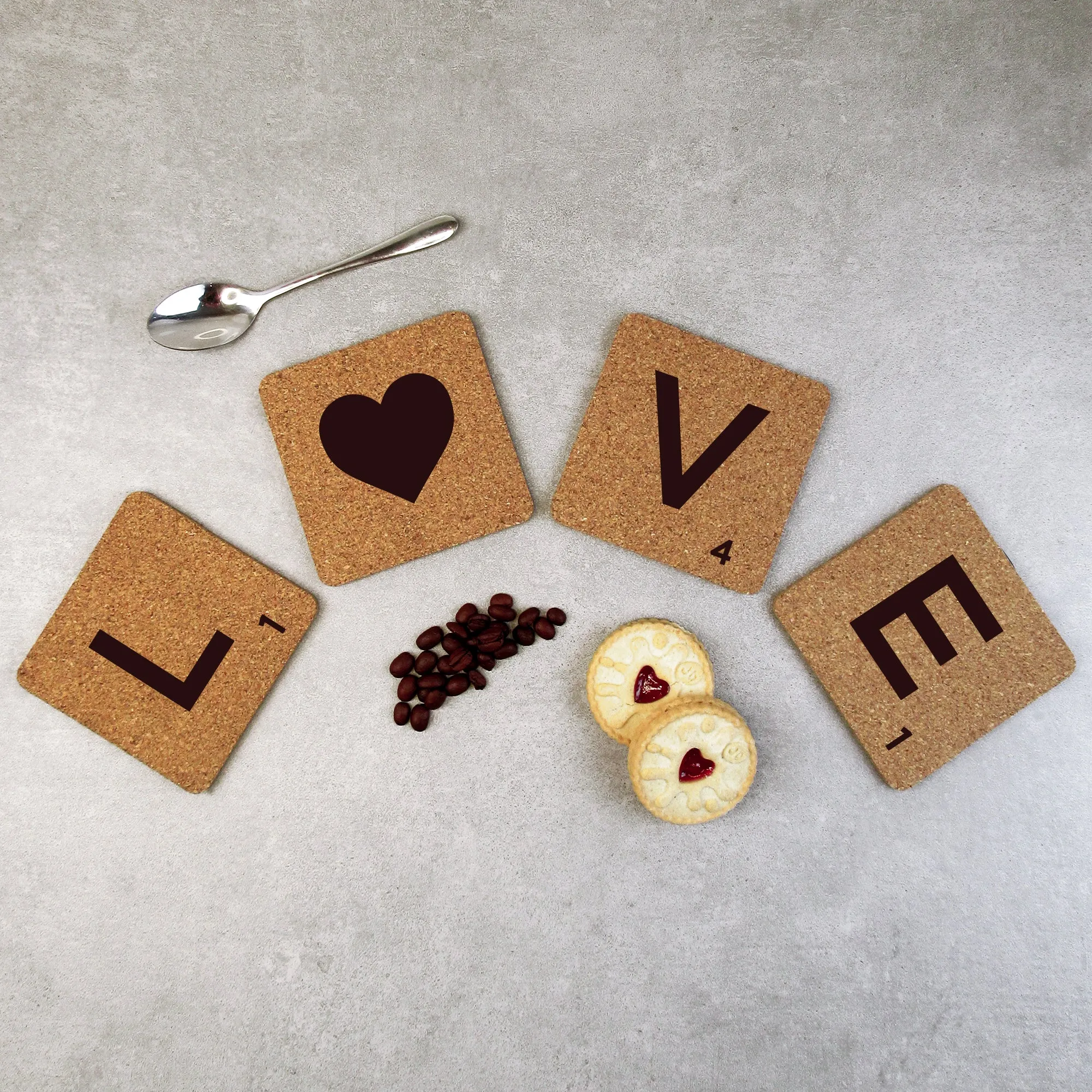 Set of 4 'LOVE' Cork Scrabble Letter Tile Alphabet Drinks Coasters