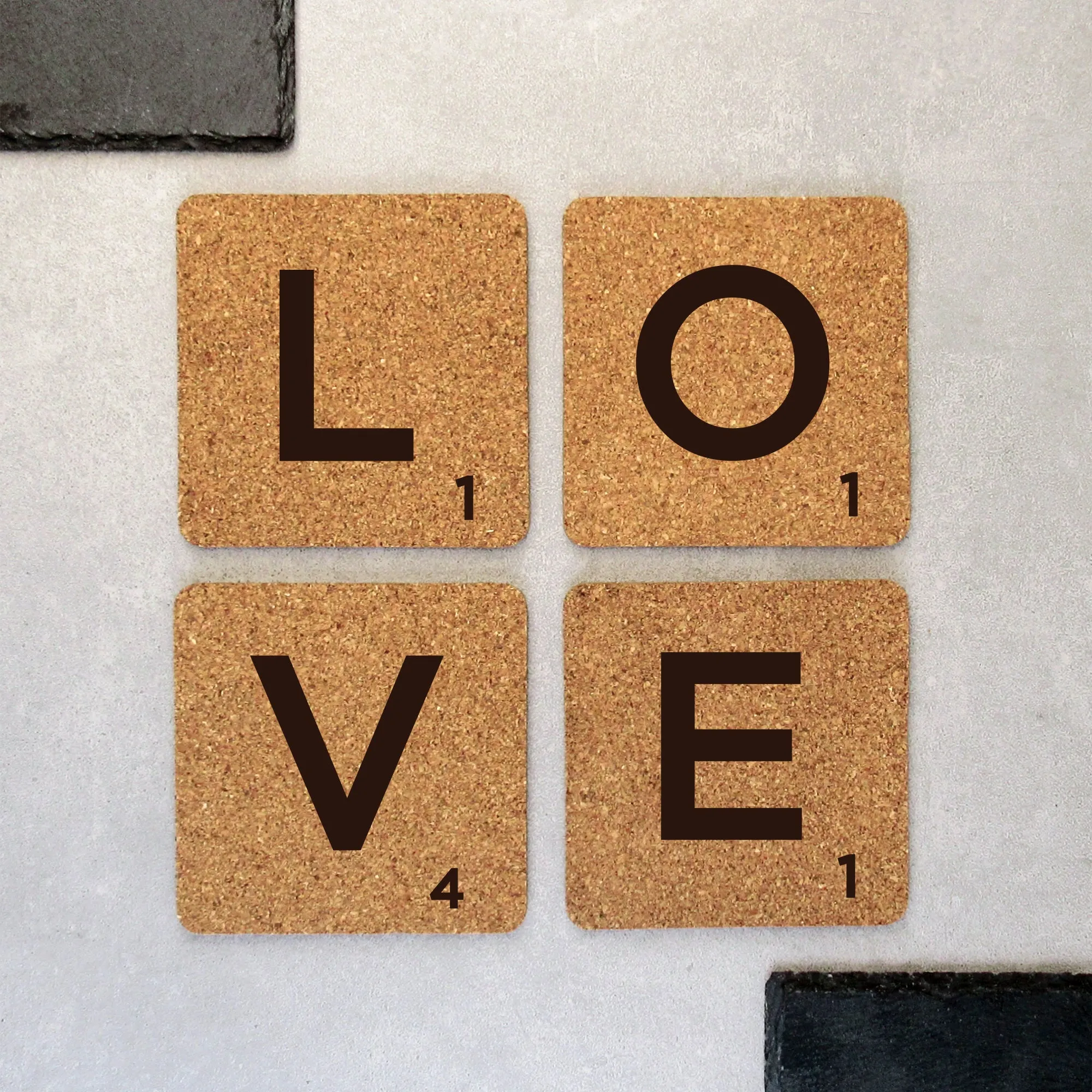 Set of 4 'LOVE' Cork Scrabble Letter Tile Alphabet Drinks Coasters