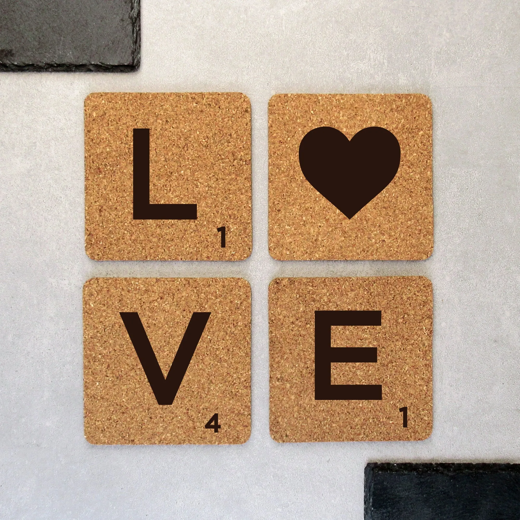 Set of 4 'LOVE' Cork Scrabble Letter Tile Alphabet Drinks Coasters