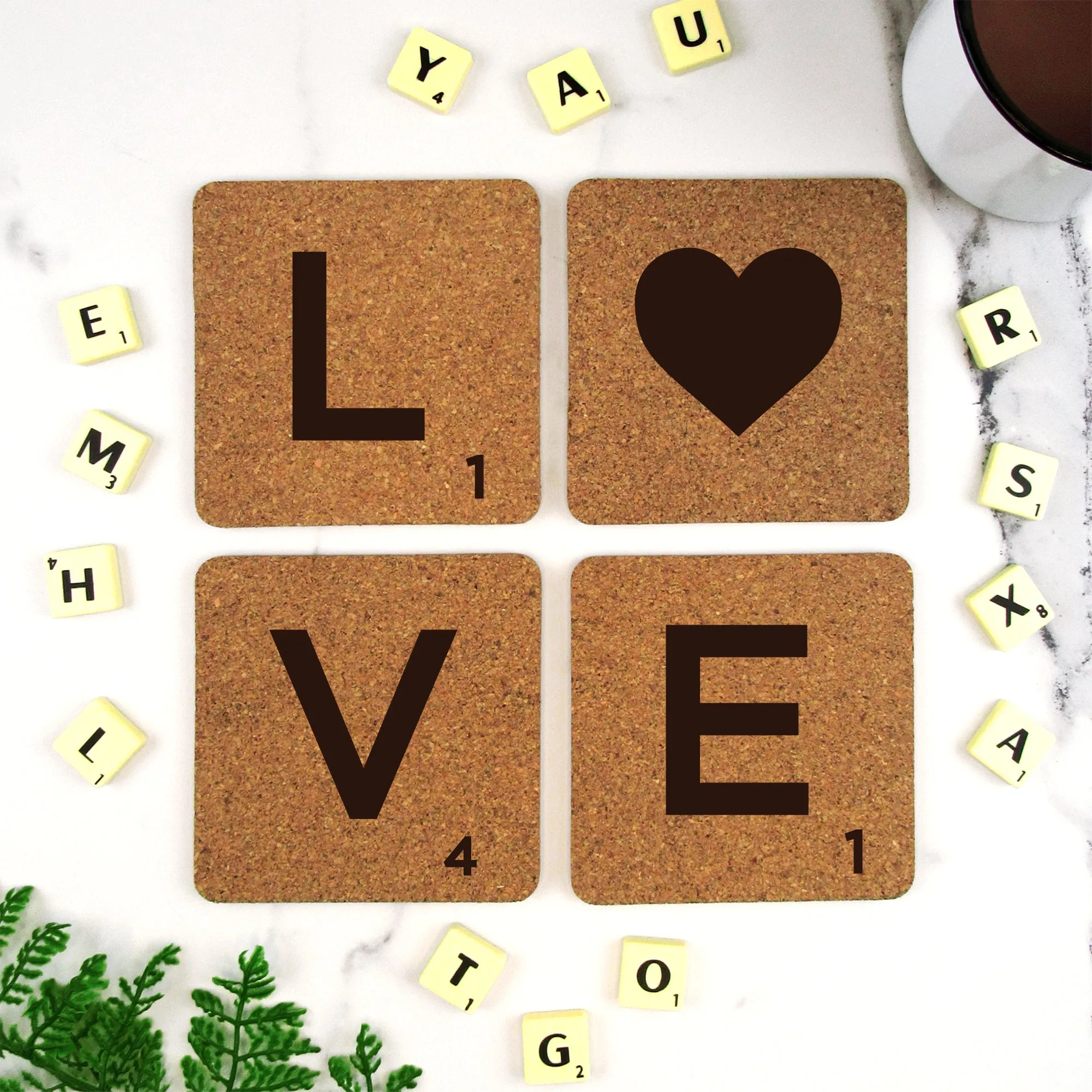 Set of 4 'LOVE' Cork Scrabble Letter Tile Alphabet Drinks Coasters