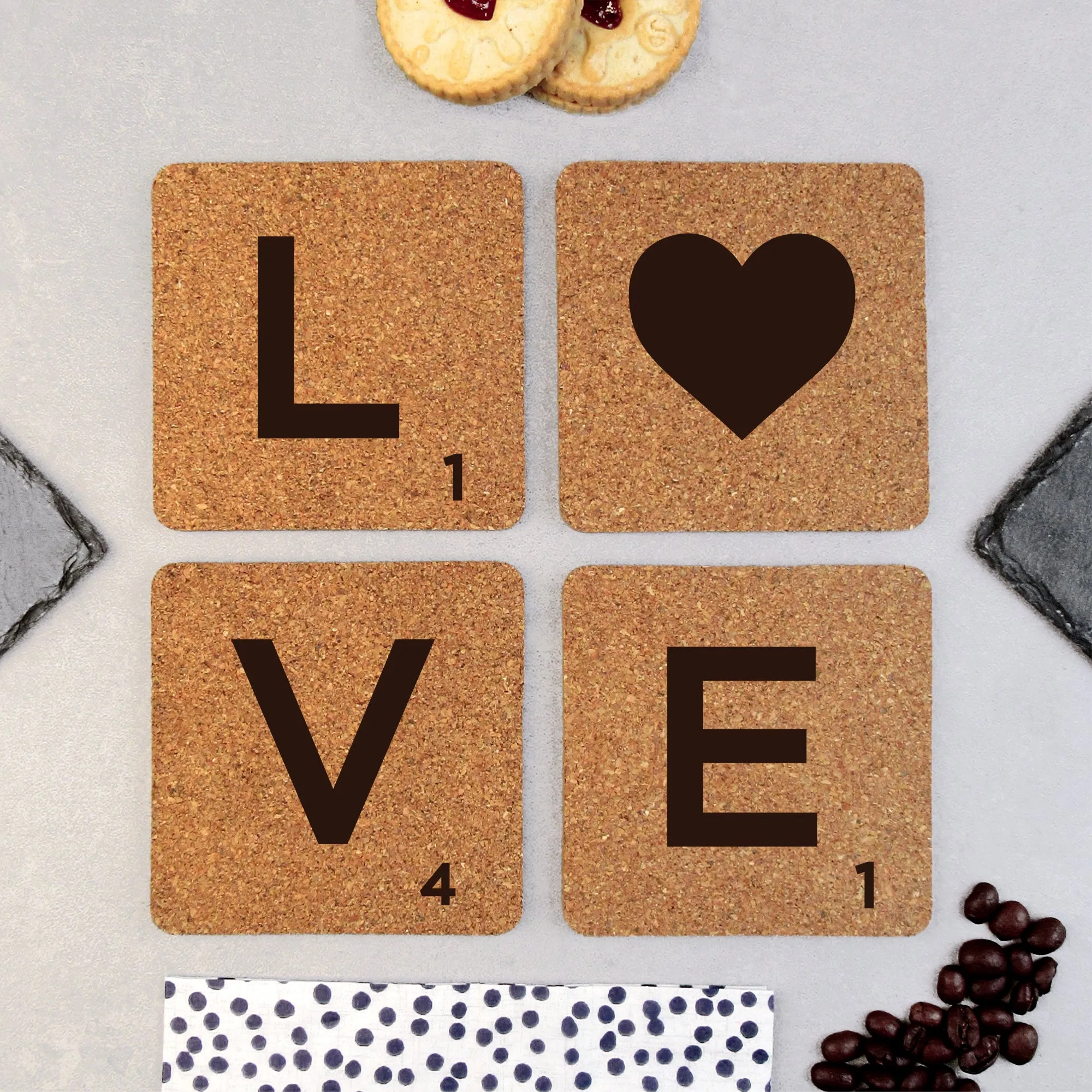 Set of 4 'LOVE' Cork Scrabble Letter Tile Alphabet Drinks Coasters