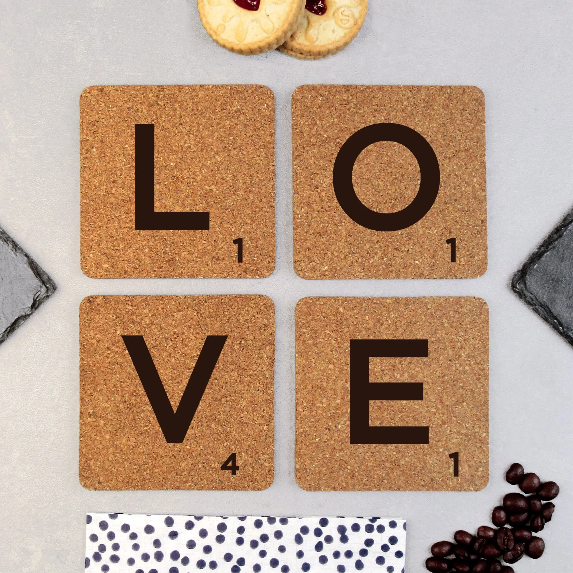 Set of 4 'LOVE' Cork Scrabble Letter Tile Alphabet Drinks Coasters