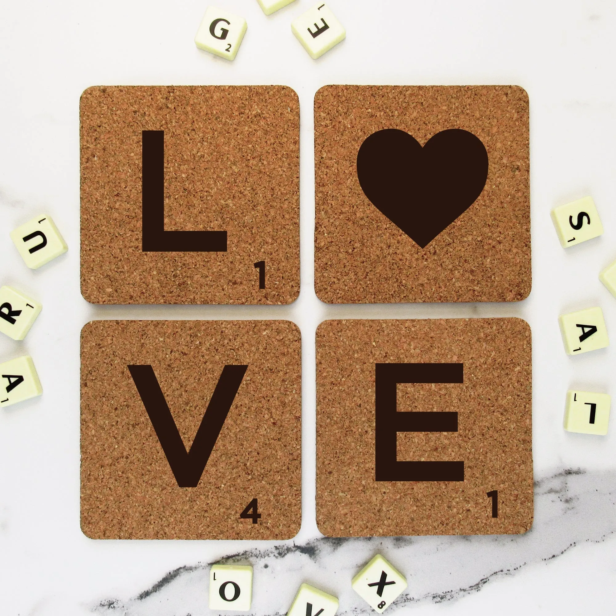 Set of 4 'LOVE' Cork Scrabble Letter Tile Alphabet Drinks Coasters