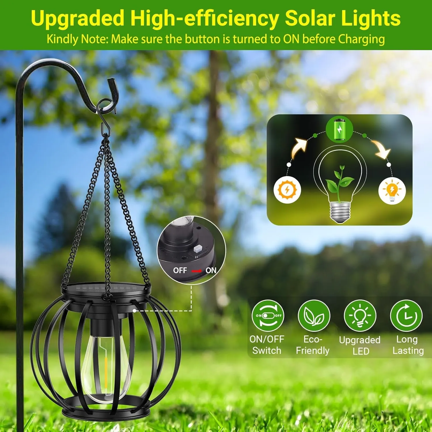 Solar Lanterns Outdoor Lights, Upgraded Metal Solar Lantern Lights, Brighter Hanging Solar Lights Outdoor Waterproof, Auto On/Off Outdoor Solar Lights for Yard Garden Patio Pathway Decor 2 Pack