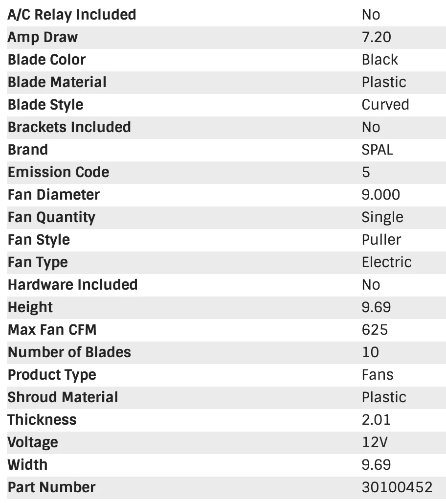 SPAL Electric Fan (9" - Puller Style - Low Profile - 625 CFM) 30100452