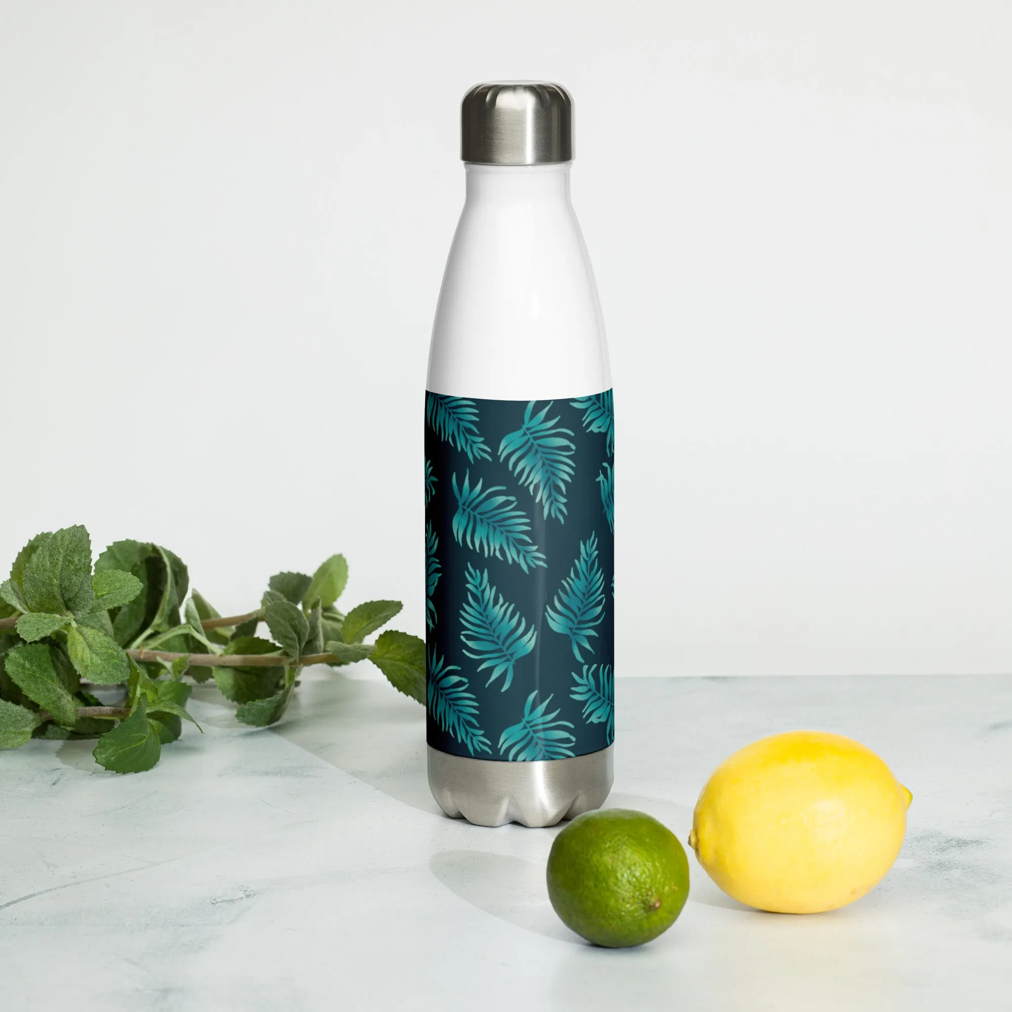 Stainless Steel Water Bottle - Palm Leaves in Blue Ombre