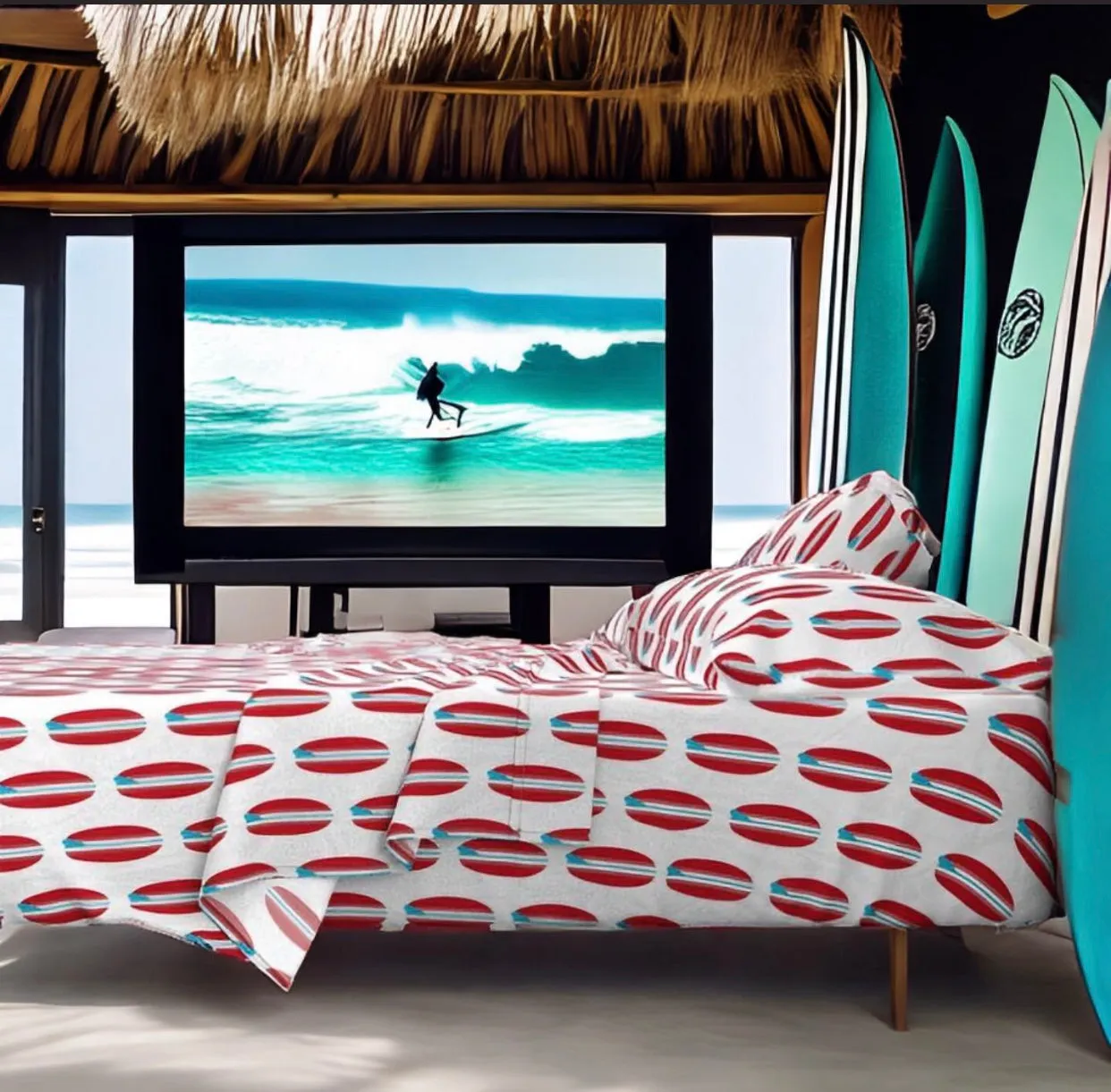 Surfer Red and Aqua Ocean Blue Classic Surfboards Sheet Set from Surfer Bedding™️ Medium Scale