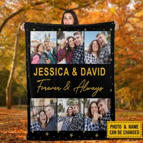 Teesdily | Couple Personalized Throw Blanket With Photo Collage Couple Customized Name Forever And Always Travel Blanket Love Anniversary Gifts