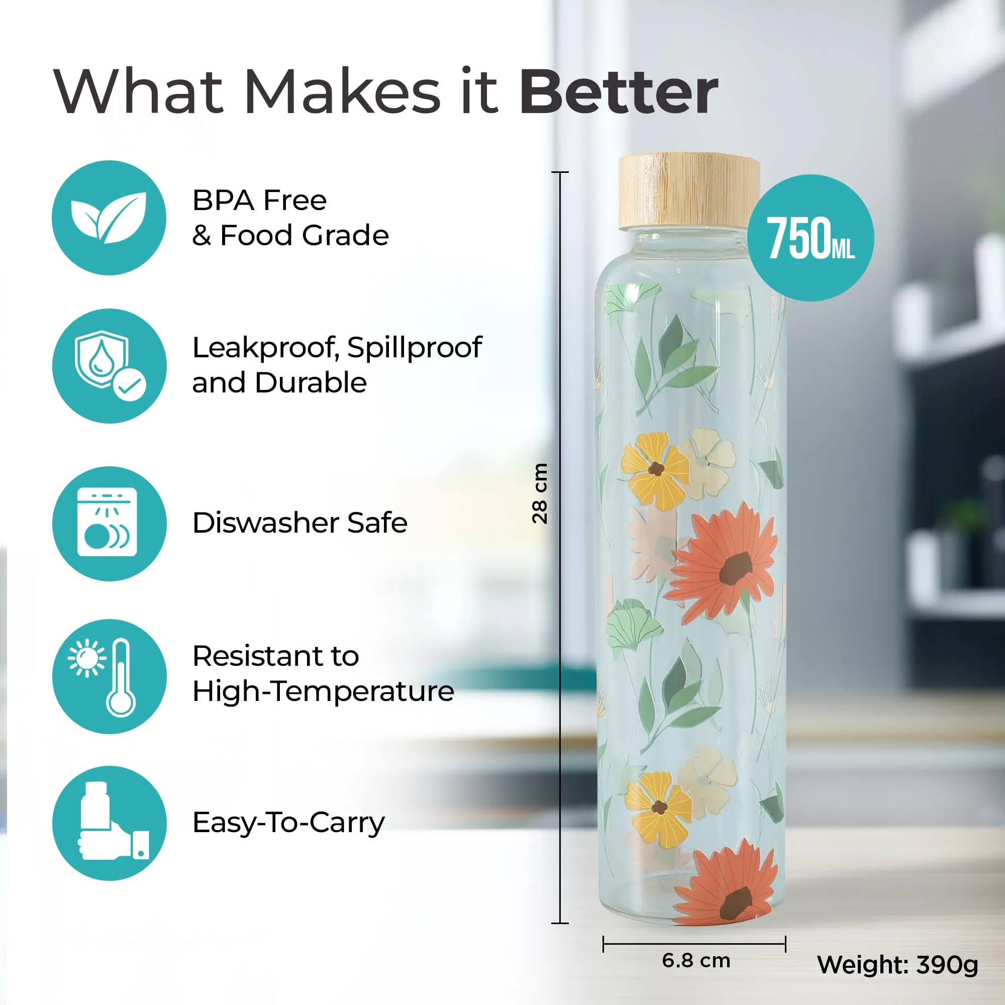 The Better Home Borosilicate Glass Water Bottle | 500ml | Bamboo Lid | Fridge Water Bottles for Men, Women (Multi Print)