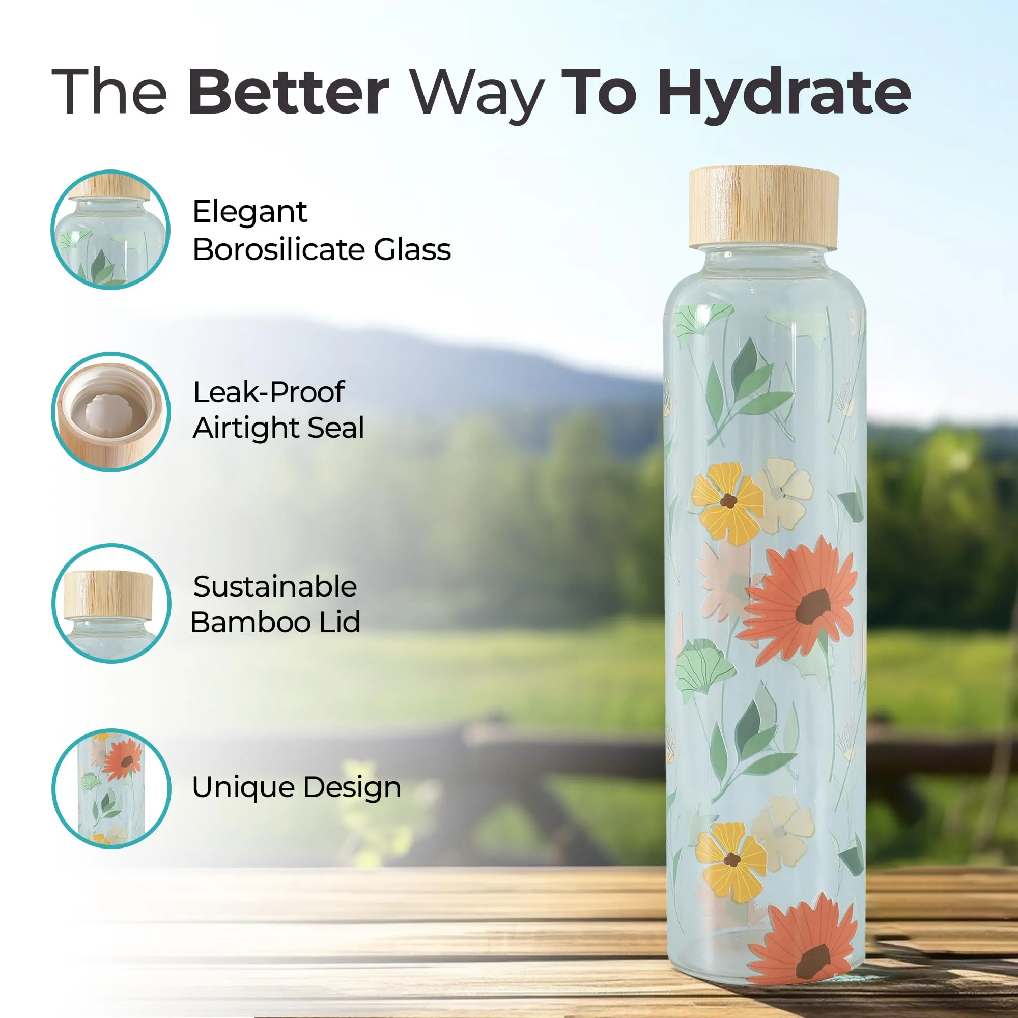 The Better Home Borosilicate Glass Water Bottle | 500ml | Bamboo Lid | Fridge Water Bottles for Men, Women (Multi Print)