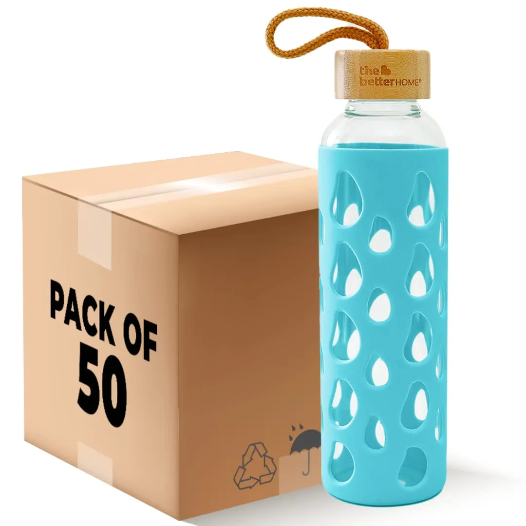 The Better Home Borosilicate Glass Water Bottle with Sleeve 550ml | Non Slip Silicon Sleeve & Bamboo Lid | Water Bottles for Fridge | Light Blue (Pack of 50)