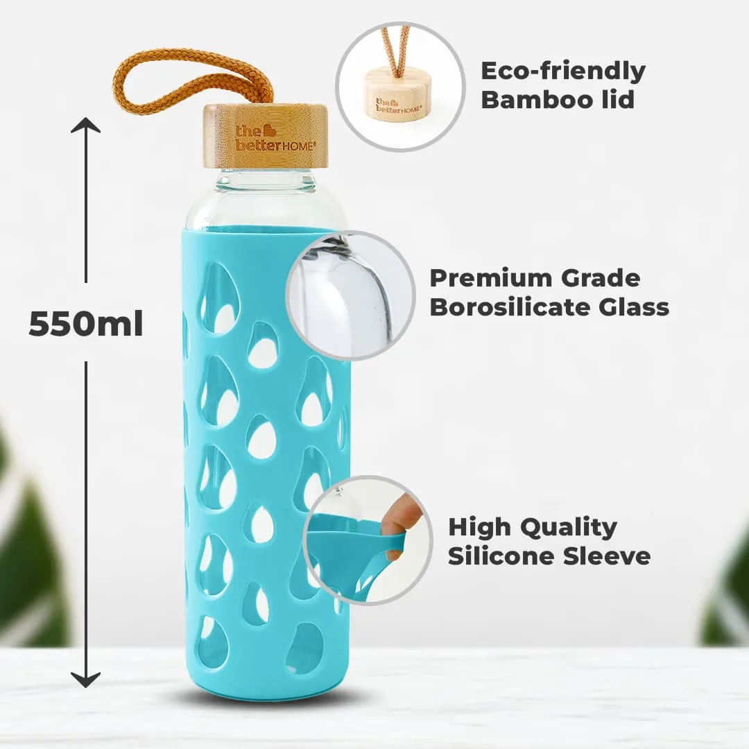 The Better Home Borosilicate Glass Water Bottle with Sleeve 550ml | Non Slip Silicon Sleeve & Bamboo Lid | Water Bottles for Fridge | Light Blue (Pack of 50)