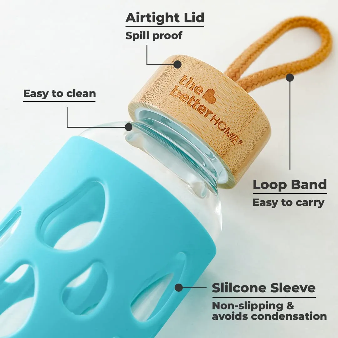 The Better Home Borosilicate Glass Water Bottle with Sleeve 550ml | Non Slip Silicon Sleeve & Bamboo Lid | Water Bottles for Fridge | Light Blue (Pack of 50)