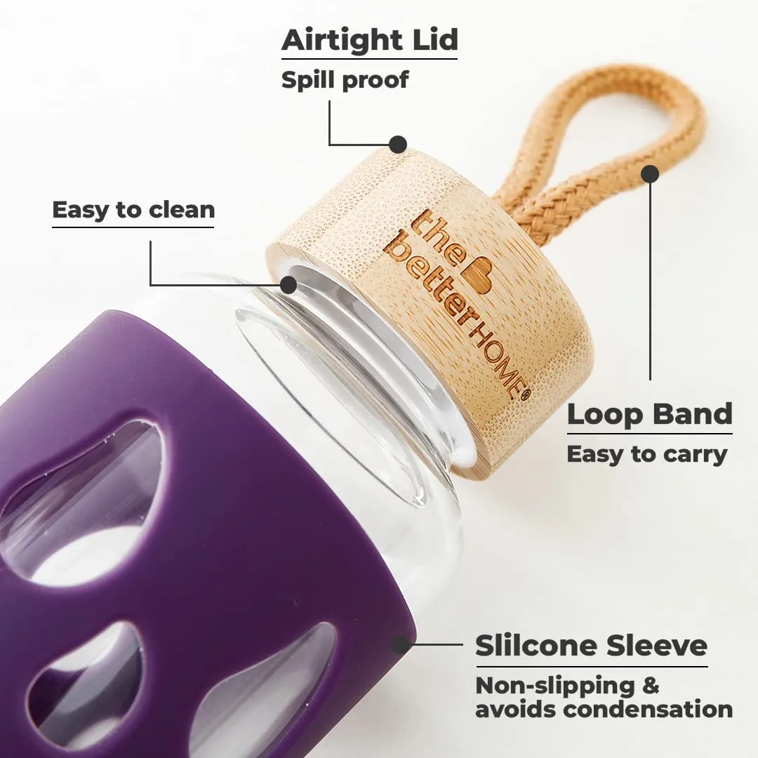 The Better Home Borosilicate Glass Water Bottle with Sleeve (550ml) | Non Slip Silicon Sleeve & Bamboo Lid | Water Bottles for Fridge (Pack of 2) (Purple)