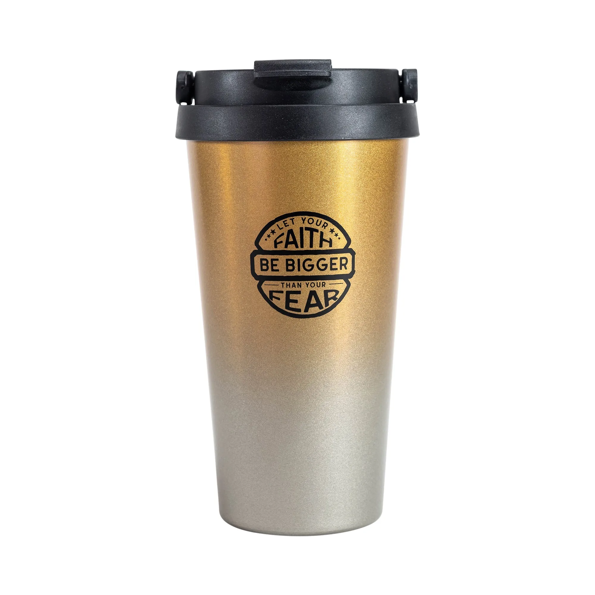 Travel Mug-Faith Bigger Than Fear-Black Ink/Gold Mug