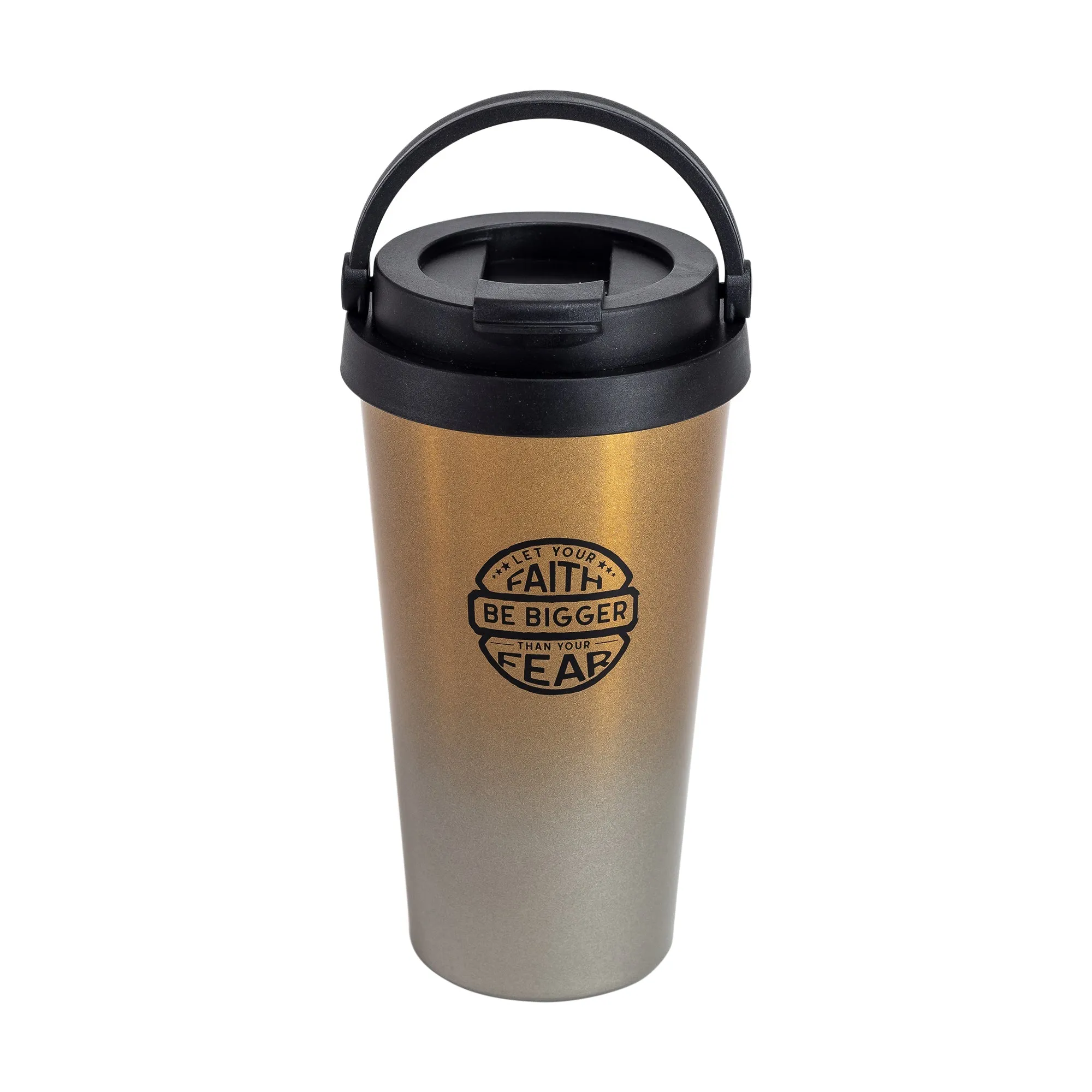 Travel Mug-Faith Bigger Than Fear-Black Ink/Gold Mug