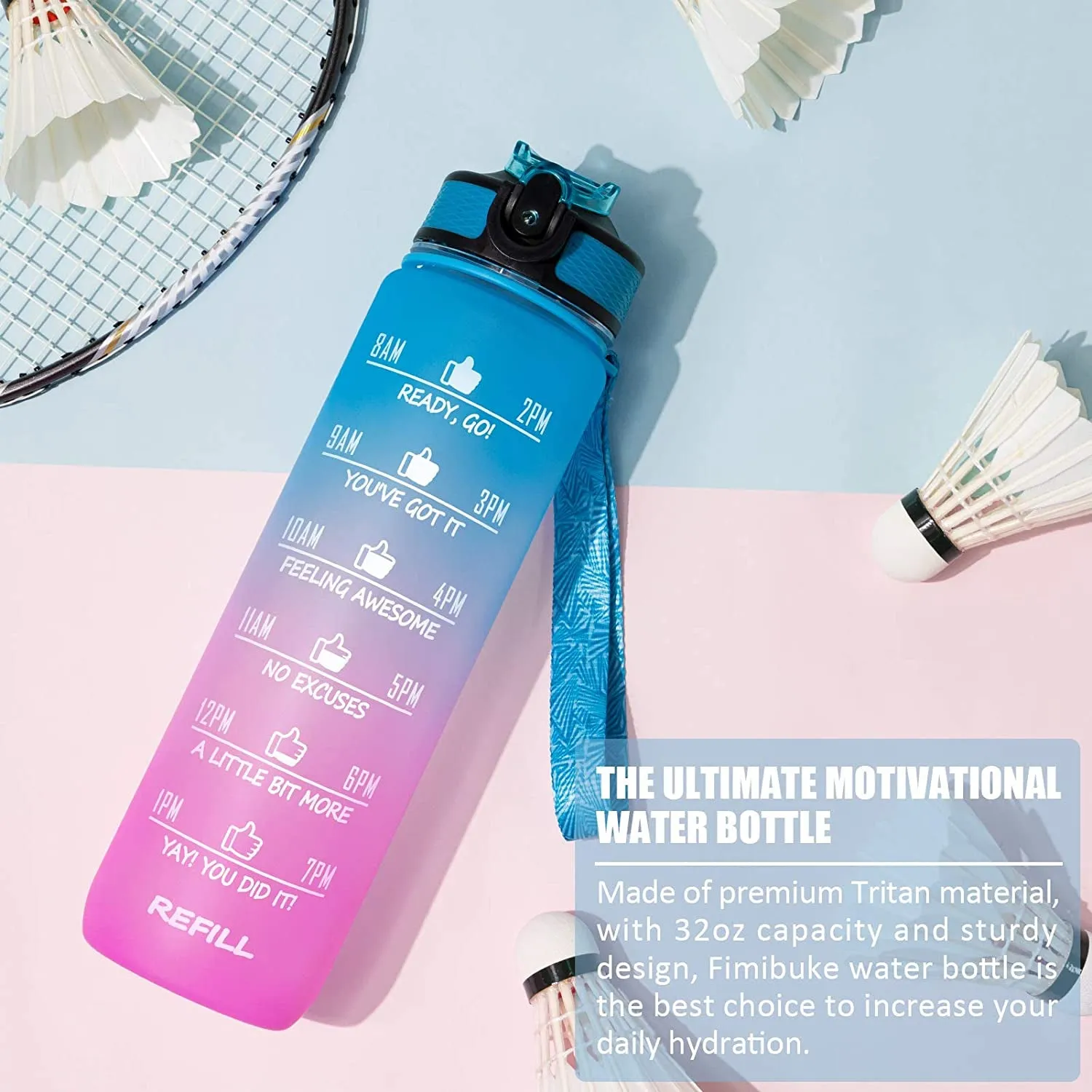 Unbreakable Water Bottle 1L with Motivational Time Marker measurement