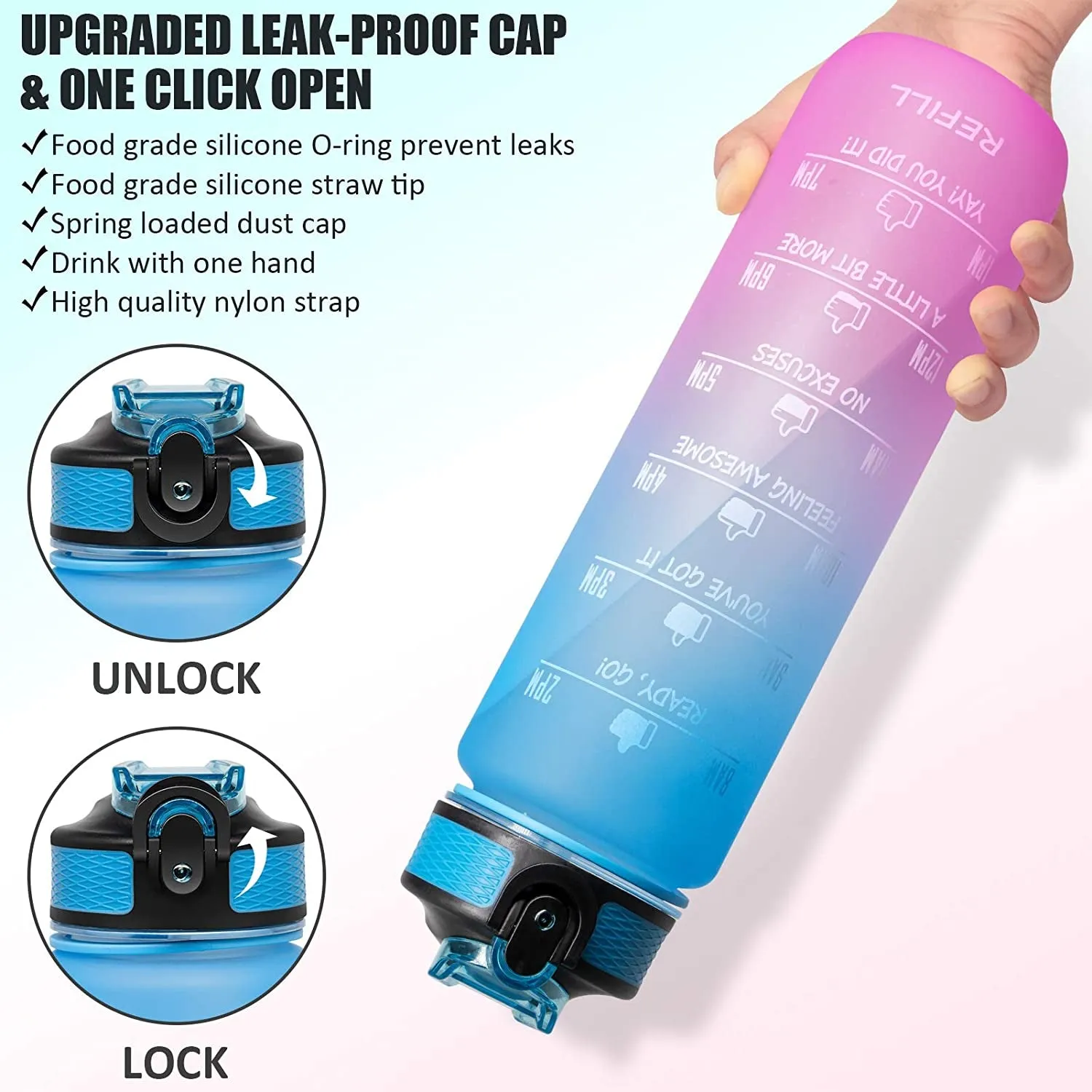 Unbreakable Water Bottle 1L with Motivational Time Marker measurement