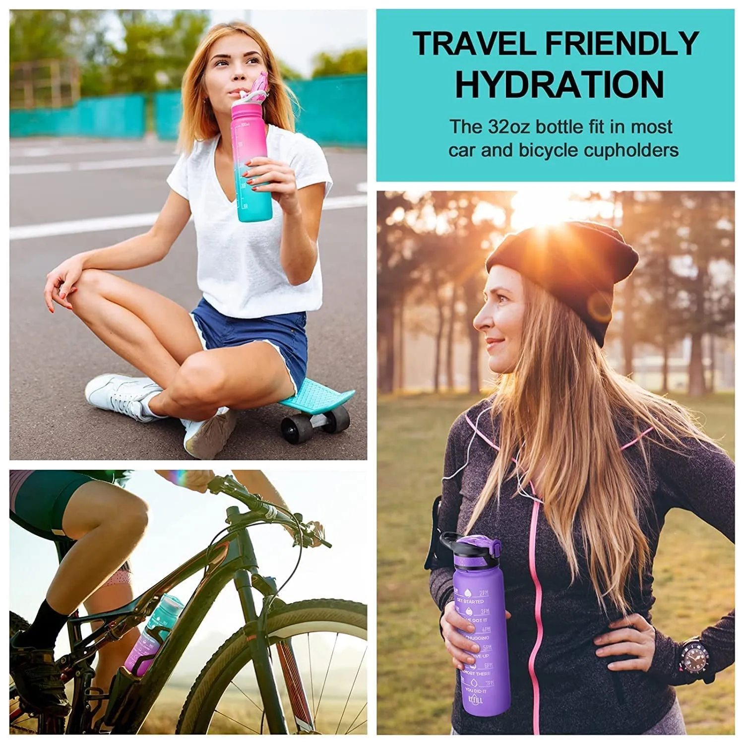 Unbreakable Water Bottle 1L with Motivational Time Marker measurement