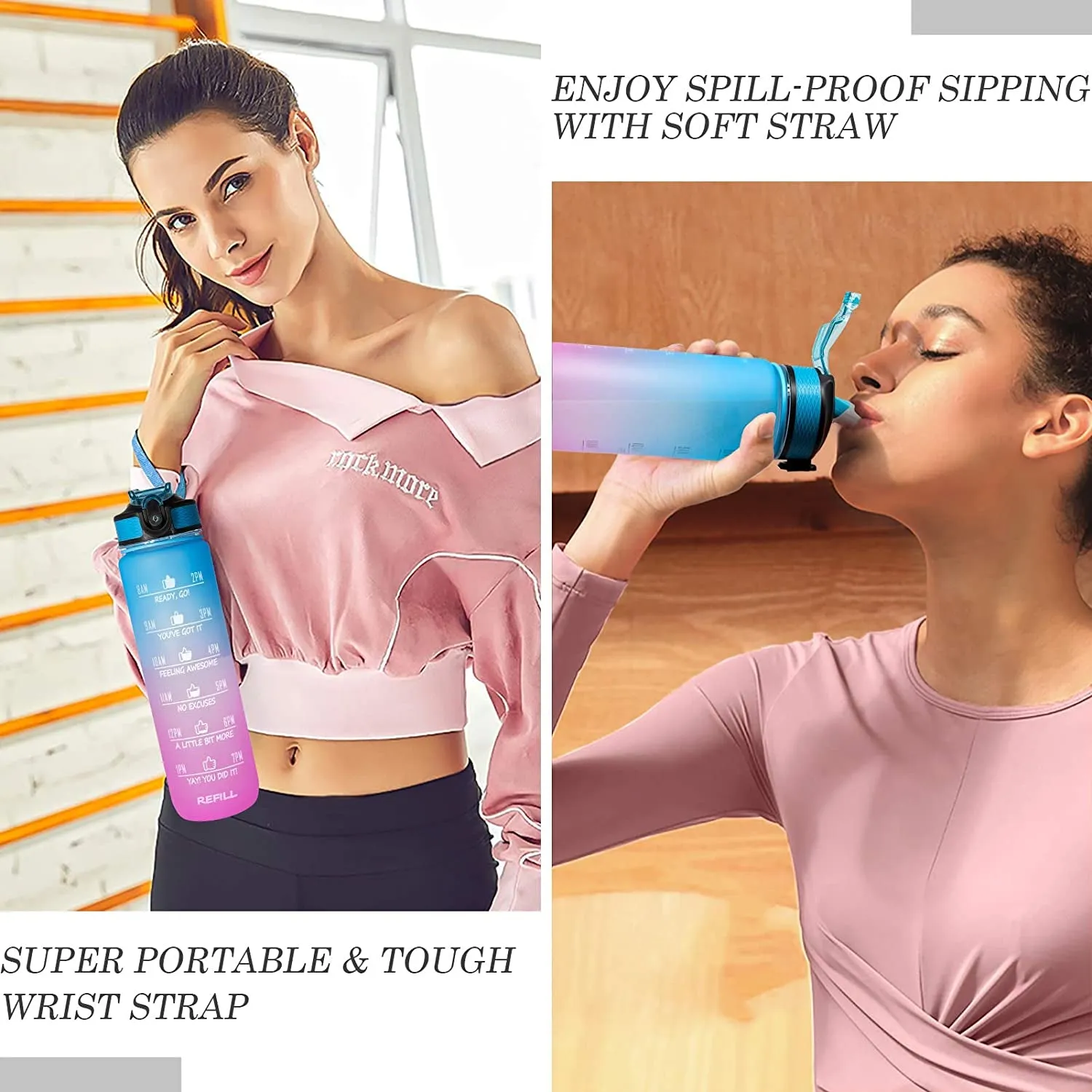 Unbreakable Water Bottle 1L with Motivational Time Marker measurement