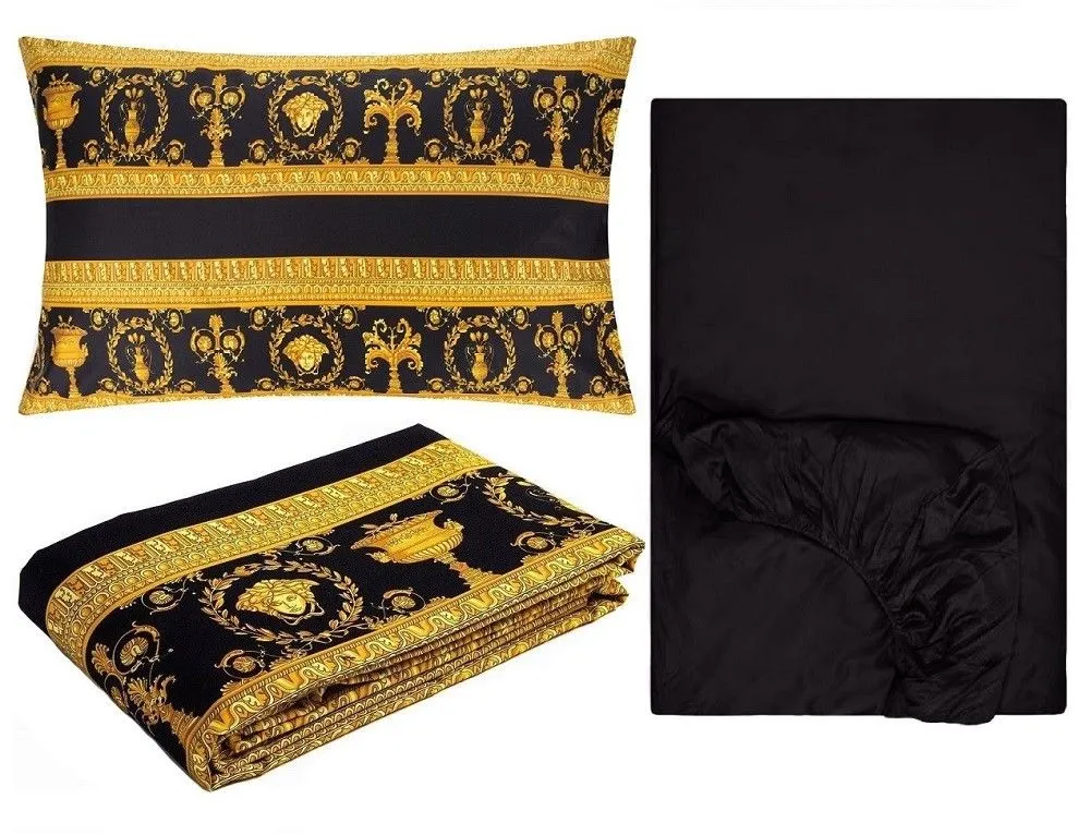 Versace Baroque Medusa King Size Bed Sheet Set 4 pieces Black - Full Pattern