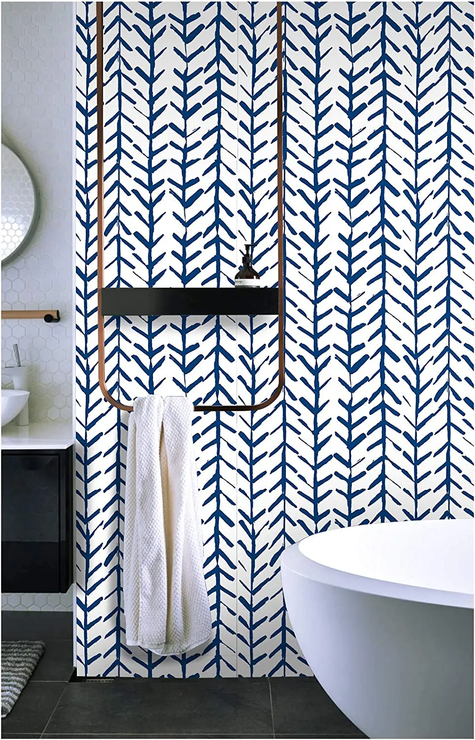 Wallpaper Herringbone Geometric Indigo Blue 17.7in x 118in