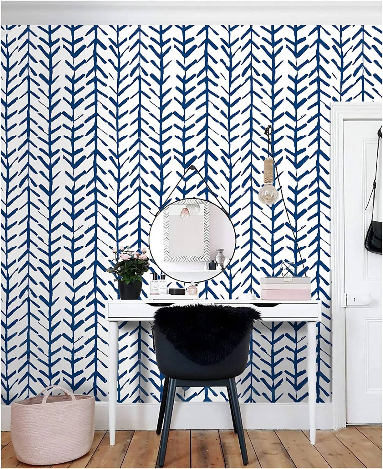 Wallpaper Herringbone Geometric Indigo Blue 17.7in x 118in