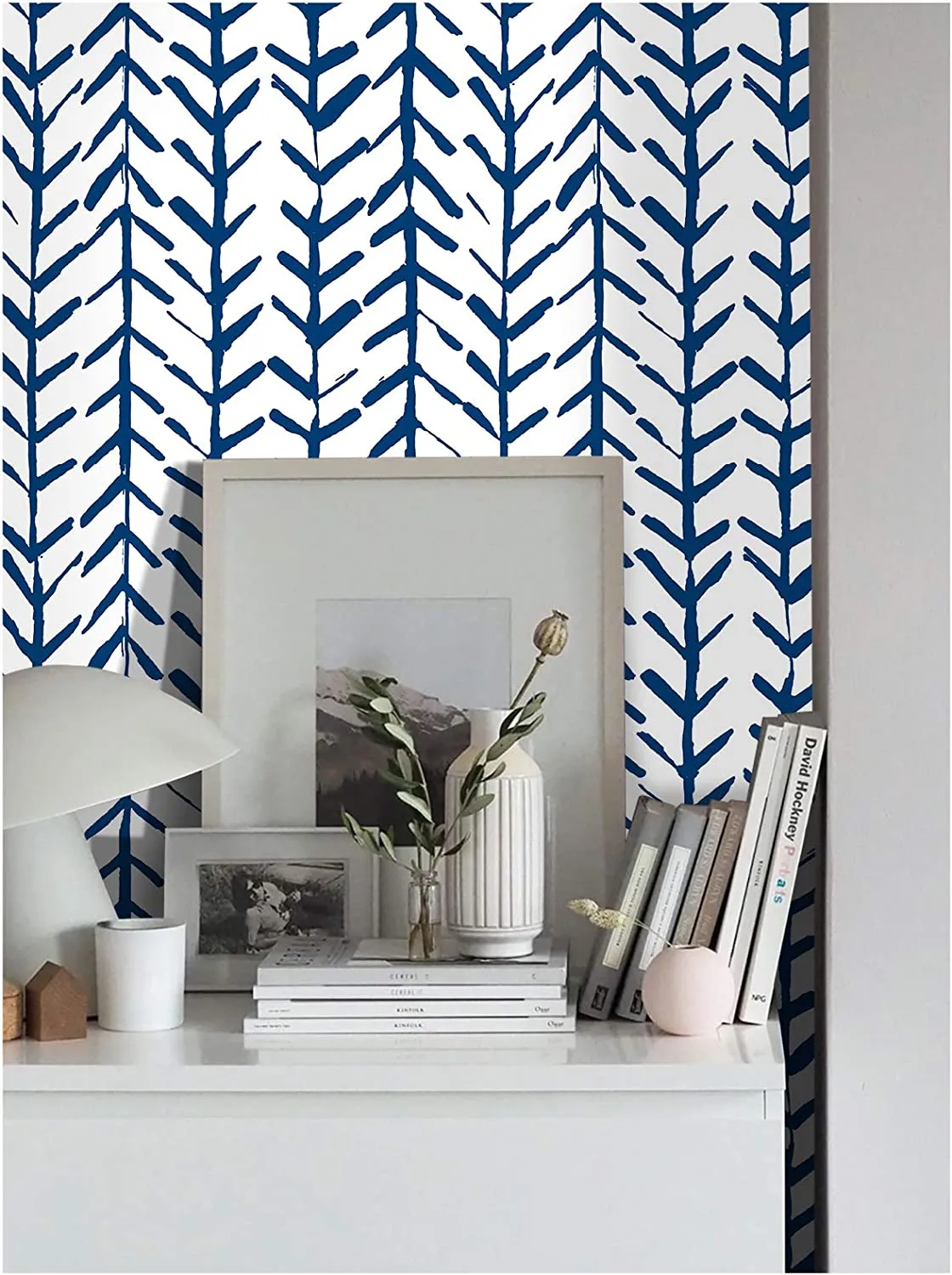 Wallpaper Herringbone Geometric Indigo Blue 17.7in x 118in