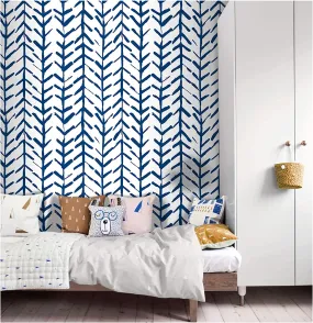 Wallpaper Herringbone Geometric Indigo Blue 17.7in x 118in