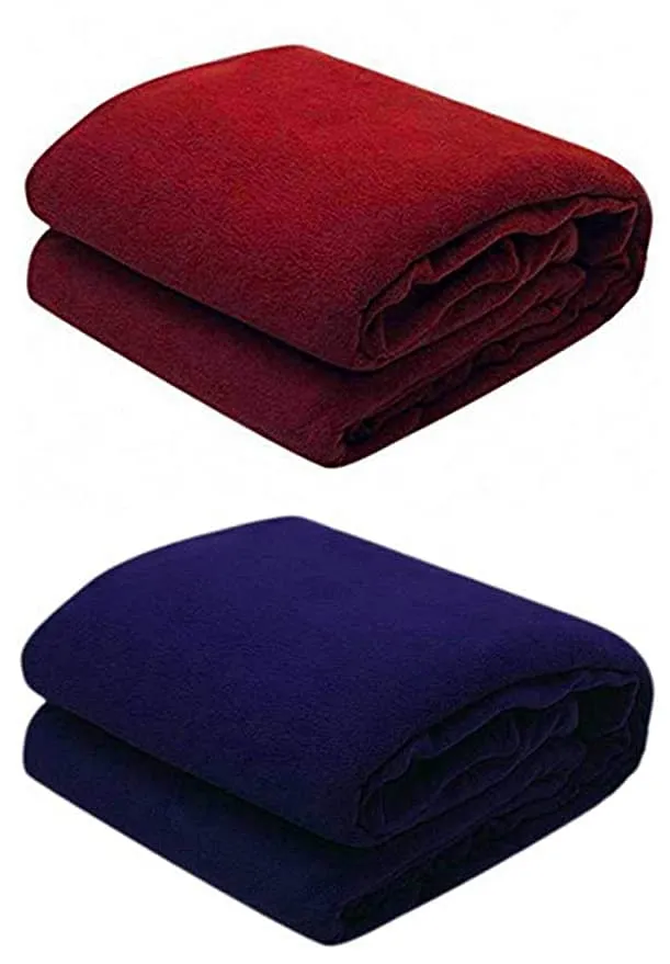 WINSTON HOME Plain Polar Fleece Double Blanket Warm Blanket (Maroon, Navy) Pack of 2