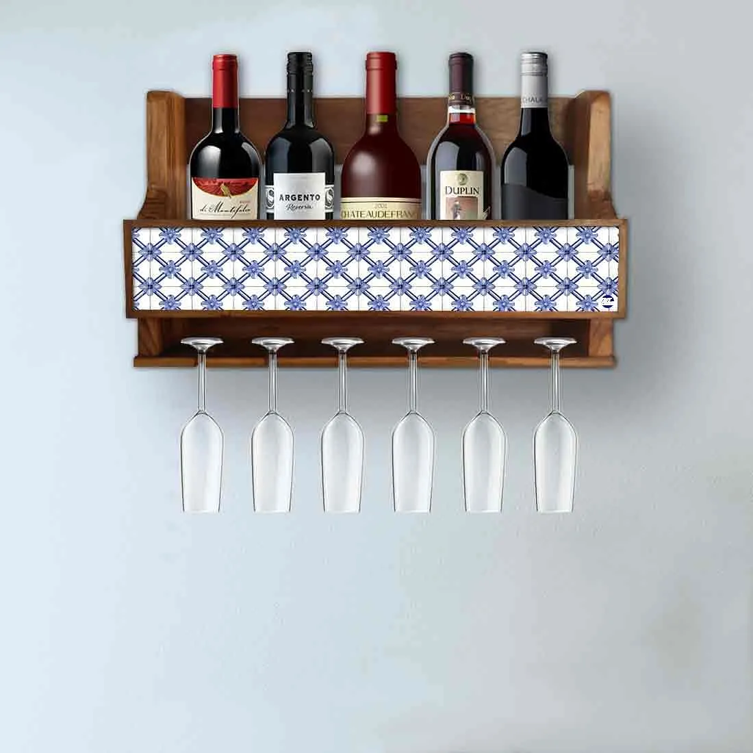 Wooden Wall Mounted Wine Glass Holder for Living Room - Stores 5 Bottles 6 Wine Glasses